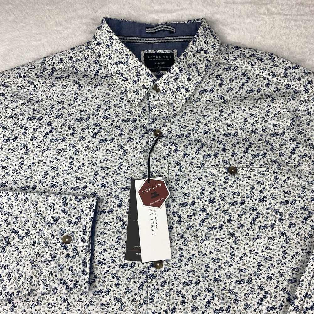 LEVEL TEN Shirt Mens XL White w/Blue Floral Print Contrasting Trim New w/Tags!
